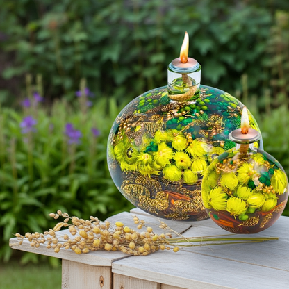 Refillable Glass Oil Lamp - Cozy Home Decor with Dried Flowers - Scentless & Handmade - 50+ Hours Burn Time